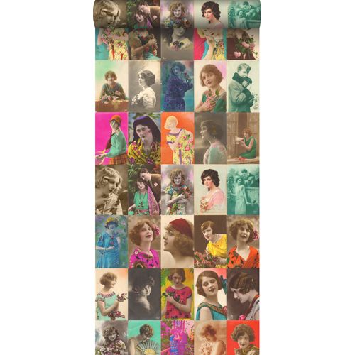 Estahome Xxl Behang Vintage Ansichtkaarten Met Vrouwengezichten Meerkleurig