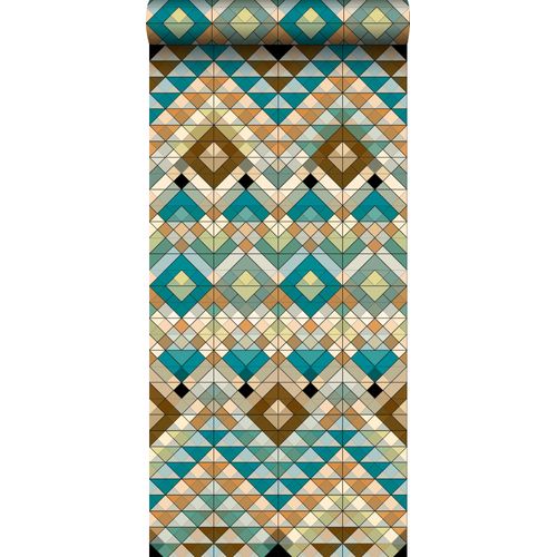 Estahome Xxl Behang Aztec-motief Turquoise, Beige En Zeegroen - 50 X 900 Cm - 158601