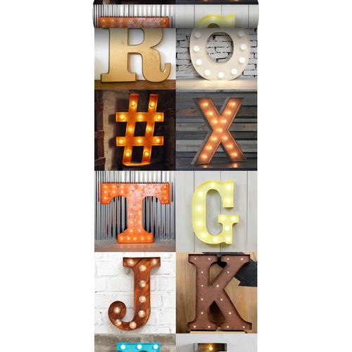 Estahome Xxl Behang Houten Marquee Letters Oranje, Beige, Grijs, Rood En Blauw