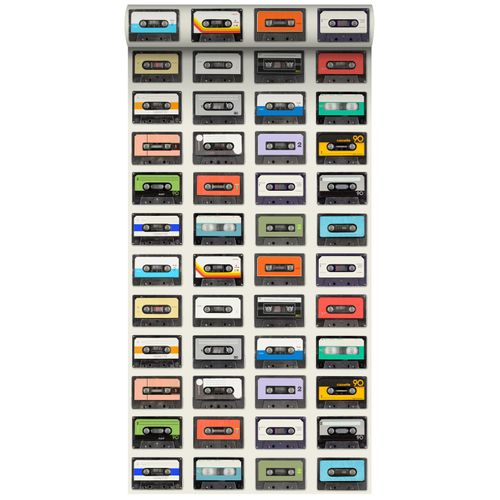 Xxl Behang Vintage Cassettes Beige, Zwart, Rood, Oranje, Paars, Blauw En Groen