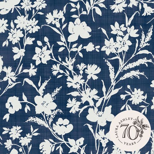 Laura Ashley Vliesbehang | Rye Midnight Seaspray Blue| Donkerblauw Wit | Bloemen | 10mx52cm