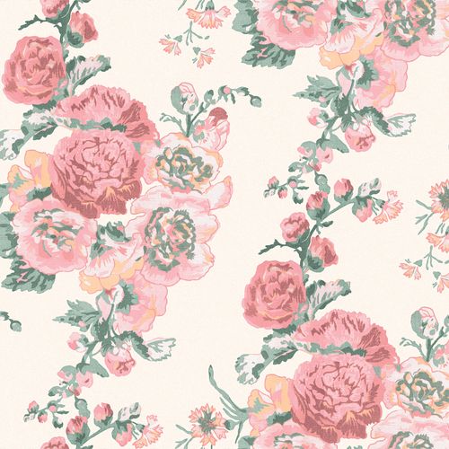 Laura Ashley Vliesbehang | Hollyhocks Coral Pink| Roze Groen | Bloemen | 10mx52cm