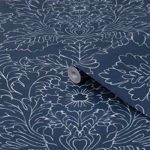Laura Ashley Vliesbehang | Silchester Midnight Seaspray Blue | Donkerblauw | Bladeren | 10mx52cm